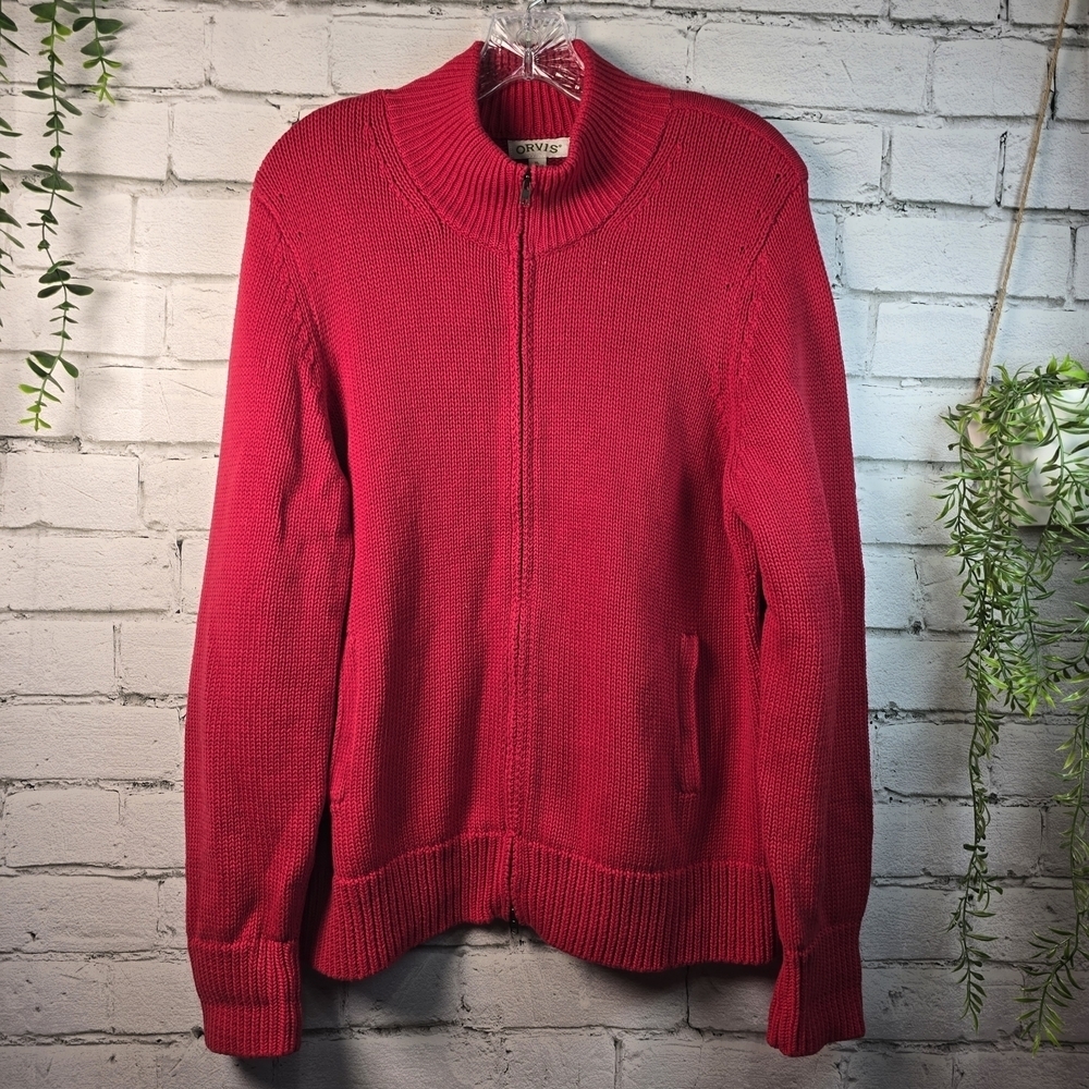 ORVIS CHERRY RED FULL ZIP CARDIGAN MOCK NECK 100% COTTON WOMENS XL FISHERMAN EUC